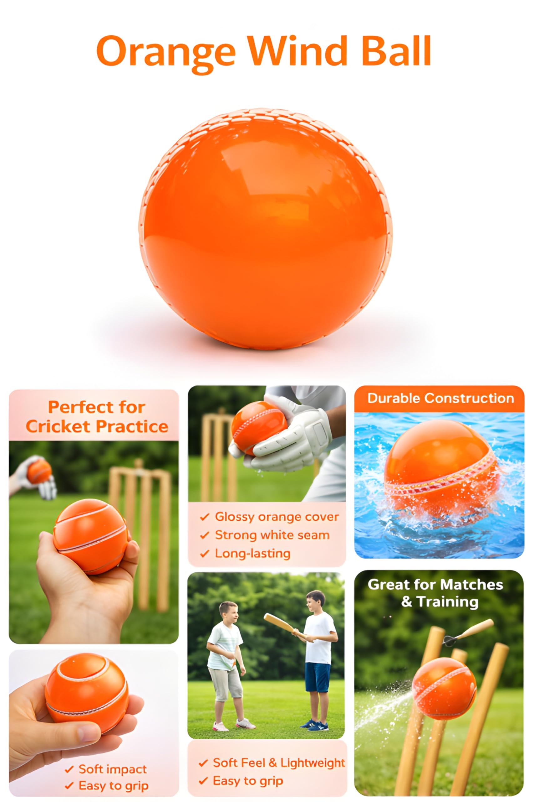 SNAPLIX Synthetic Rubber T-20 Plus Practice Cricket Ball/Wind Balls (125-130 GMS) for - Indoor & Outdoor Street & Beach Cricket (Orange)